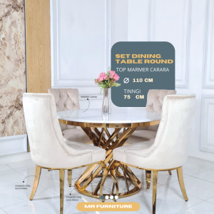set meja makan bulat top marmer putih carrara kursi 4pc kaki stainless