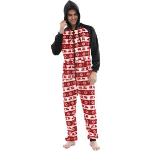 Men Jumpsuit Pajama Warm Fleece Onesie Christmas Elk Print Long Sleeve Pajamas Flannel Zipper Hoodie Leisure Man Onesie Adults