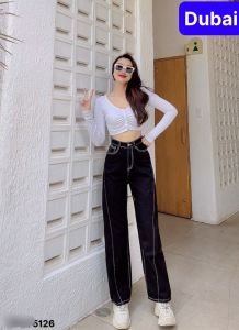 QUẦN BAGGY JEAN NỮ ỐNG SUÔNG RỘNG CHỈ NỔI KIỂU  KHÓA TRƯỚC LƯNG CAO NÂNG MÔNG PHONG CÁCH SANG CHẢNH - DUBAI FASHION