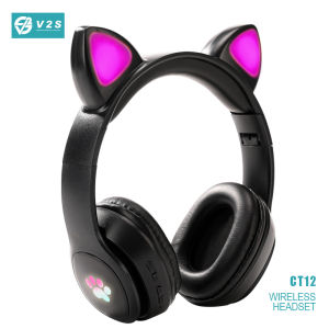 V2S CT12 Cat Ear Foldable Wireless 5.0 Over Ear Rechargeable Headphone With Built-in Microphone