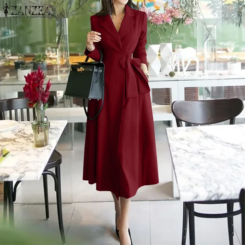 Esolo ZANZEA Women New Spring Long Sleeve Lace-Up Dresses A-Line Lapel OL  Work Solid Business Dress #0303