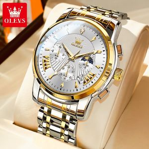 OLEVS watch men fesyen mewah kasual pelbagai fungsi terang benderang matahari dan bulan Tali  keluli tahan karat  berlian  jam waterproof original tahan air clock watch for mens hadiah teman lelaki