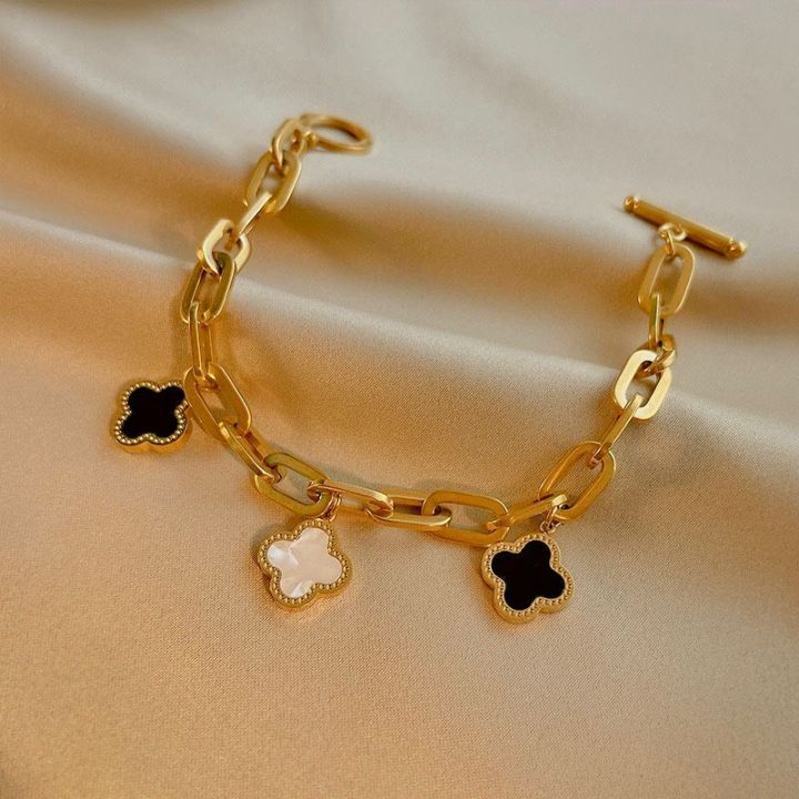Gelang Tangan Titanium Wanita Rantai Paperclip Clover Bunga Semanggi Anti Karat Dan Luntur