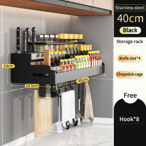 Stainless Steel Kitchen Spice Rack Wall-Mounted Seasoning Supplies Rack Multifunction Knife Holder Punch-Free Storage Shelf Rak Rempah Dapur