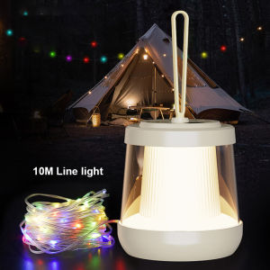Portable 2 in 1 Camping Lantern with 10m LED String Lights Rechargeable Tent Lamp for Glamping RV Trips Outdoor Atmosphere Light for Backyard Patio Garden Party