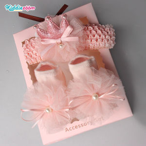 Kiddiezoom Newborn Baby Girls Accessories Gift Box Infant Children Pink Lace Princess Hairband Non-slip Socks Set 1 headband+1 pair of socks 0-18months