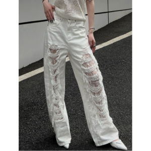 WHITE Womens Ripped Jeans High Waist Vintage Classic Straight Baggy Denim Pants Street  American Style Wide Leg Denim