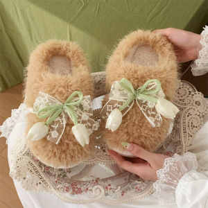 XIXITIAO Indoor Cotton Slippers Comfortable Tulip Lace Furry Shoes Winter ins Womens Casual Home Closed-Toe Cotton Slippers