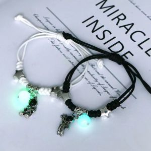 THANKSKY 2Pcs Trang sức vòng tay Vòng tay đôi hạt phát sáng Dây thừng dệt Có thể điều chỉnh Bộ Vòng Tay Hạt Charm Ngầu Ngôi Sao Vòng Tay Tình Bạn Dành cho Nam Nữ