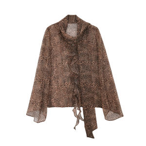 Áo blouse voan tay dài họa tiết da báo vintage phối ruy băng dành cho nữ đầu thu 2026