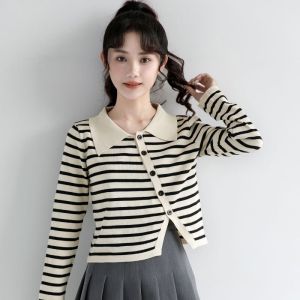 Irregular Apricot Sweater Lengan Panjang Bergaris Warna Kontras Wanita Top Cardigan Shirt Casual Fashion Slim Fit Kemeja Rajutan