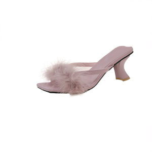 [Free Shipping] 2025 Summer New Square-Toed Fur Sandals For Women Fashionable And Versatile High-Heeled Slippers For Outdoor Wear