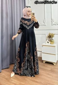 Gamis Jumbo Twill Elegan Motif Floral Navy & Blue dengan Kerah Motif - Ukuran LD/PB/XXL/3XL/4XL