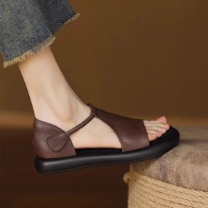 Free Shipping Unique Retro-Style Casual Leather Sandals For Women Perfect For Summer Wear New Design Versatile Flat Roman Sandals
