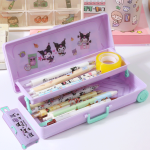 (Free Sticker) Sanrio Kuromi Melody Stationery Pencil Case Box Creativity Suitcase Modeling Portable Large Capacity Free Stickers DIY Styling