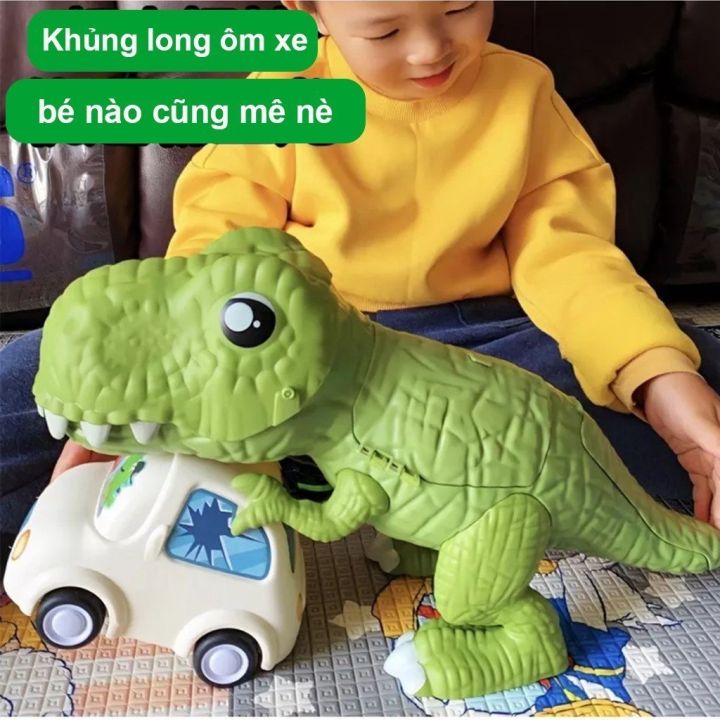 Đồ chơi khủng long bạo chúa ôm xe kèm cầu trượt và xe khủng long thú vị ...