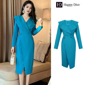 Happy Diva เดรสผู้หญิง เดรสสีฟ้า เดรสเสื้อสูท เดรสแขนยาว เดรสทำงาน เดรสไฮโซ เดรสออกงาน เดรสไปงานแต่ง เดรสฝรั่งเศส 50492