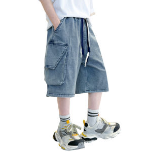 Fashion Denim Shorts For Boys Teenager Kids Elastic Waist Cargo Jean Short Pants With Pocket For Childrens Age 5-14 Years Old