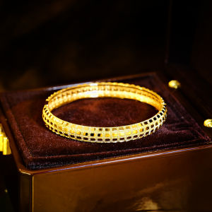 SEQUITO Chinese Style Golden Rectangular Grid Wrist Jewelry Open Bangle for Daily Party B384