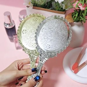 WH Vintage Embossed Handheld Makeup Mirror Oval Lace Edge Vanity Mirror with Handle Retro Beauty Mirror for Women