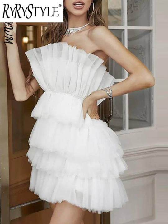 Women Ruffle Layer Mesh Pleated Mini Dress Female Elegant Off
