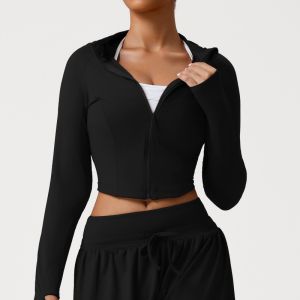 Womens Fitness Coat Hooded Cardigan Autumn Jacket Female Workout Yoga Long Sleeve Gym Running Training Sports Top