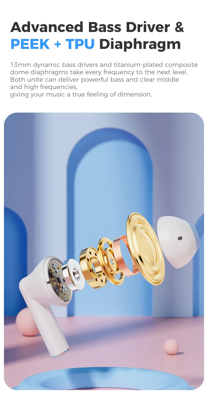 realfit F2 หูฟังบลูทูธเบสที่ยอดเยี่ยมหูฟังไร้สายพร้อมไมโครโฟน 5H เล่นยาวสไตล์เดียวกันกับ Bass หูฟัง Lenovo LP40 Pro