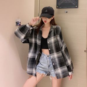 เสื้อเชิ้ตผู้หญิง YF040 ลายเสื้อสก็อต สไตล์เกาหลีหลวม ๆ Yellow black orange