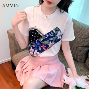 AMMIN Korean style printed stitching short-sleeved T-shirt 2022 new fashion loose round neck fake two-piece printed top For women