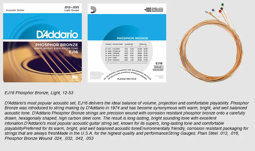 D ADDARIO EJ16 Phosphor Bronze Light Gauge 12 53 ACOUSTIC GUITAR