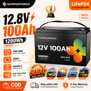 【Ready Stock / 24H Ship】SAMPAGPOWER 12V100AH LiFePO4 Lithium Battery Deep Cycle Rechargeable Battery with Low-Temp Protection 1280W Max 100A BMS 4P4S Deep Cycles Grade A+