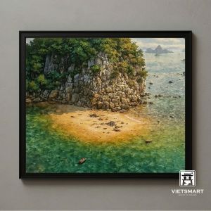 Tranh Nghệ thuật "Hòn Núi Và Bãi Biển Vịnh Hạ Long" VIETSMART ART - Sơn dầu trên toan vải 60 x 70cm
