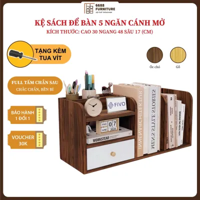 Kệ Sách Để Bàn 5 Ngăn Cánh Mở – Kệ Gỗ Đa Năng Bàn Học Bàn Làm Việc 30x48x17cm – Tặng Tua Vít