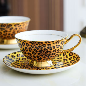 Royal porcelain leopard tea cup with saucer set ceramic luxury coffee cups dish with gold handle 200ml mugs