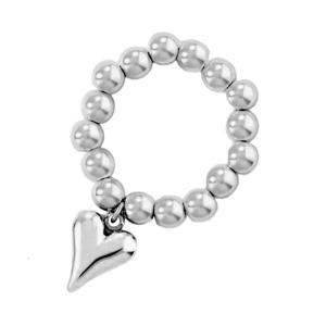 Heart Pendant Ring with Elastic Rope and Round Beads Handmade Stainless Steel Party Wear Accessory for Women