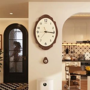 FFBH Chinese Style Home Decor Woodiness Wall Clock Living Room Decoration Modern Household Silent Swinging Wall Clock Modern Design 5B9Z4