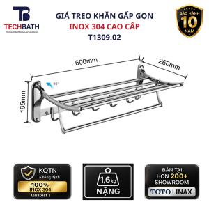 Giá Treo Khăn Nhà Tắm Inox 304 Bóng Gương TECHBATH T1309.02 Vắt Khăn Giàn Gấp Gọn 60x26cm