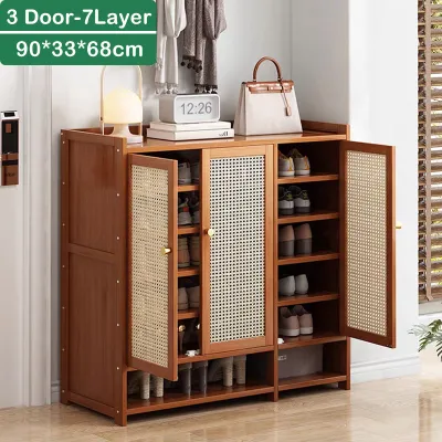 Bamboo Shoe Cabinet With Rattan Door Breathable Multi-layered Large Capacity Can Hold 45 Pairs Of Shoes
