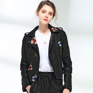 XueChur 2023 Women Floral Print Embroidery Faux Soft Leather Jacket Coat Turn-down Collar Casual Pu Motorcycle Black Punk Outerwear