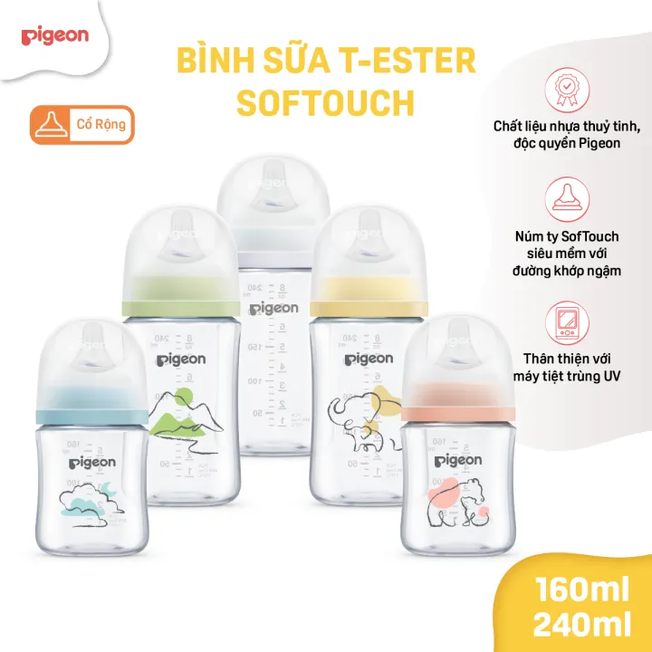 Bình sữa chống đầy hơi Pigeon cổ rộng cho bé sơ sinh núm ti siêu mềm chống sặc cho trẻ 160ml/240ml chính hãng