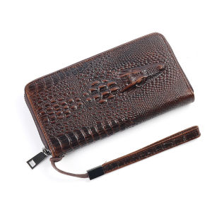 Mens Genuine Leather Long Wallet Clutch – Crocodile Pattern RFID Blocking Wristlet Purse with Credit Card Slots & ID Holder