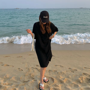 IELGY Japanese Style Simple Style Pure Cotton Dress Womens Summer New Loose All-match Mid-length Solid Color