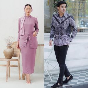 Elliza Couple Oneset Baju Kurung Melayu dan Kemeja Batik Pria Setelan Kondangan Modern