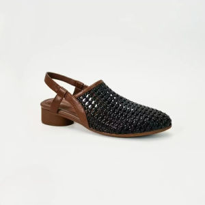 Womens French Hollow out Woven Sandals Round Toe Non-Slip Soft Leather Low Heeled Shoes for Mothers Comfortable Slip-On