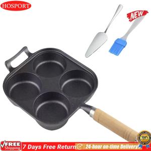 4-Cup Cast Iron Omelet Pan Non Stick Egg Cooker with Oil Brush Crepe Pan Suitable for Gas Stove & Induction Cookware