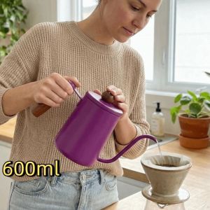 TIEZI MALL Tay cầm gỗ Ấm đun nước pha cà phê Thép không gỉ 600ML Ấm đun nước pha thủ công Chuyên nghiệp với tỷ lệ Bình cà phê cổ ngỗng Pha cà phê