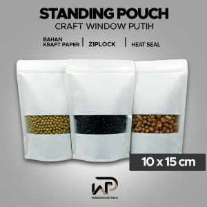 ( 50 pcs ) Standing Pouch Kraft Paper Window Putih 10 x 15 cm | Ziplock Kraft Paper | Kemasan Kopi | Plastik Klip Kemasan | Standing Pouch