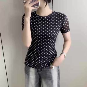 AMMIN 2025 Summer New Fashion Polka Dot Print Stretch Mesh Short Sleeve Round Neck T-Shirt for Women Korean Style Casual Elegant Blouse