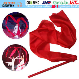 1.2/3M Twirling Twirl Ribbon Merah + Stick Fiber Alat Tari Tamborin Gereja Props Senam Ballet Pita Twirling Ribbon