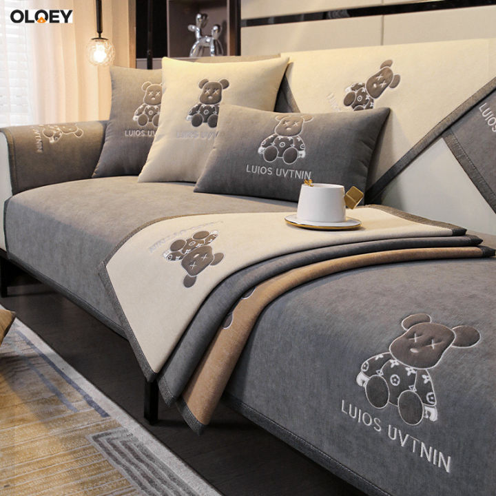 Chenille Cartoon Bear Sofa Cover Antislip Backrest Armrest Sofa